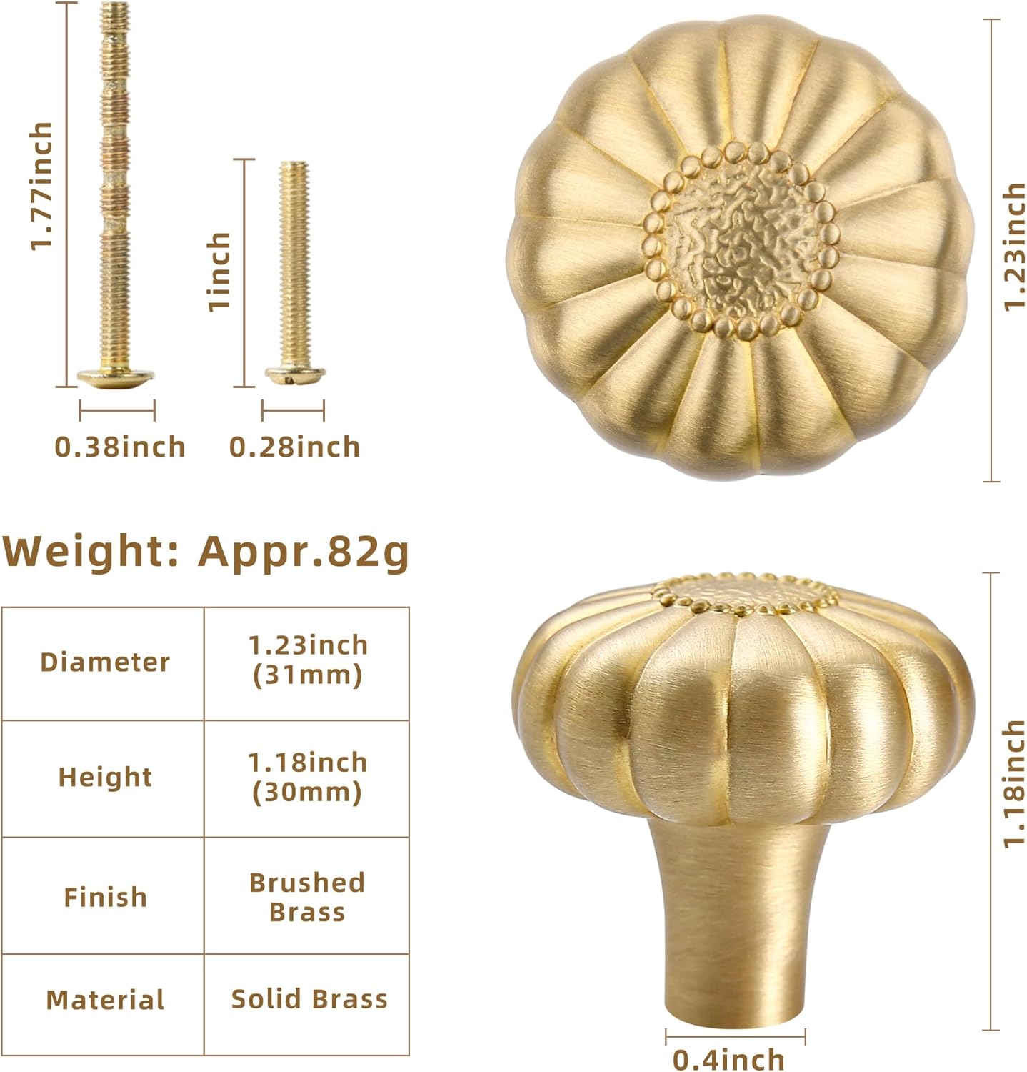 Brushed Gold Cabinet Knobs 2 Pack, Solid Brass Knobs for Dresser Drawers, Kitchen Bathroom Cabinet Bidford Door Pulls, Cupboard Wardrobe Handles and Knobs