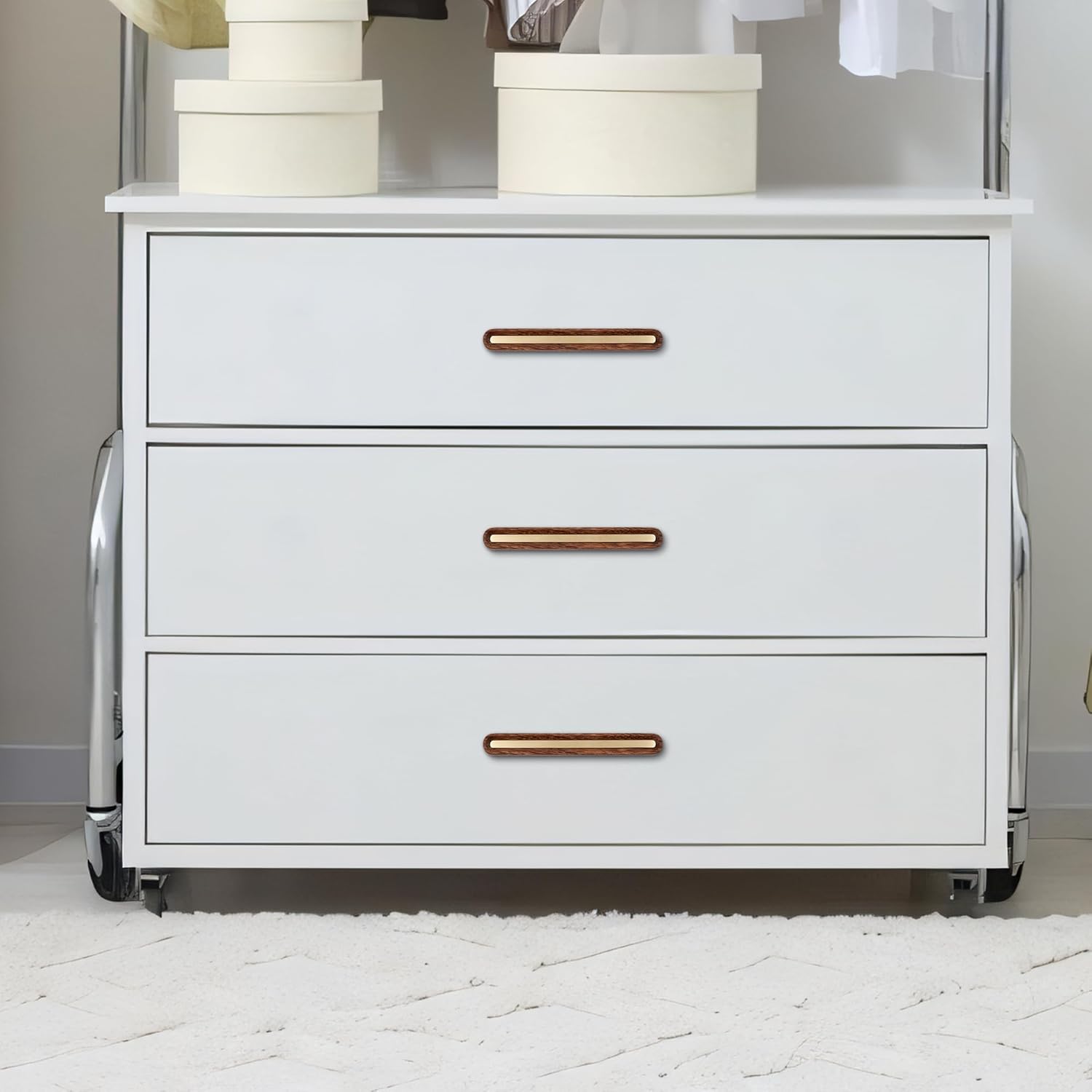 Solid Brass and Wooden Kitchen Cabinet Pulls, 5 Pack 3-3/4 Inch Brass Dresser Drawer Handles, Modern Furniture Hardware Pulls