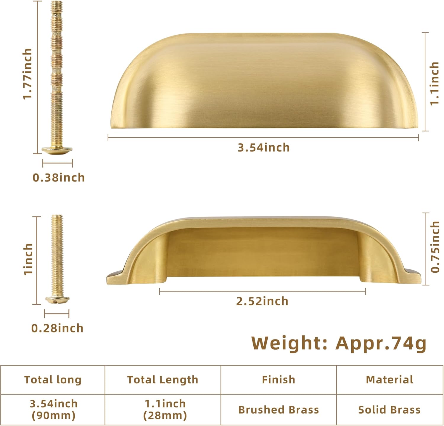 2-1/2 inch Small Solid Brass Cup Knobs for Cupboard Wardrobe, Classic Dresser Vanity Door Handles, Furniture Hardware