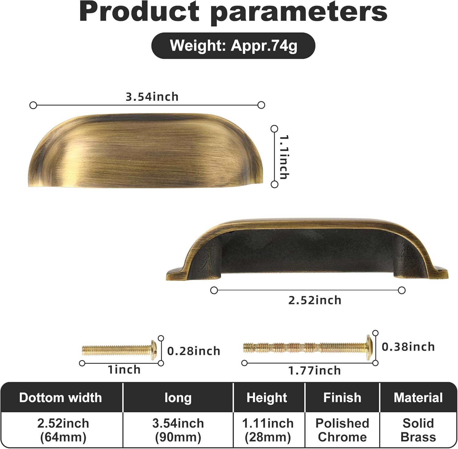 Antique Brass Kitchen Cabinet Drawer Cup Pulls 2 Pack, 2-1/2 inch Solid Brass Cup Knobs for Cabinet Cupboard Wardrobe