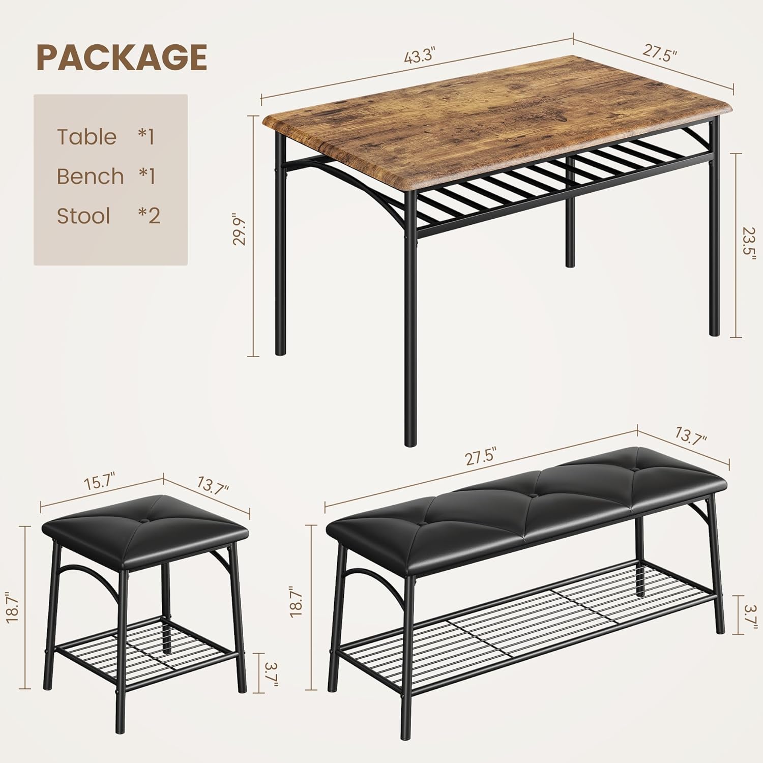 Dining Table Set for 4, Kitchen Table Set with Upholstered Bench and Square Stools, Metal and Wood Dining Room Table Set with Storage Shelves for Small Space, Apartment-Rustic Brown