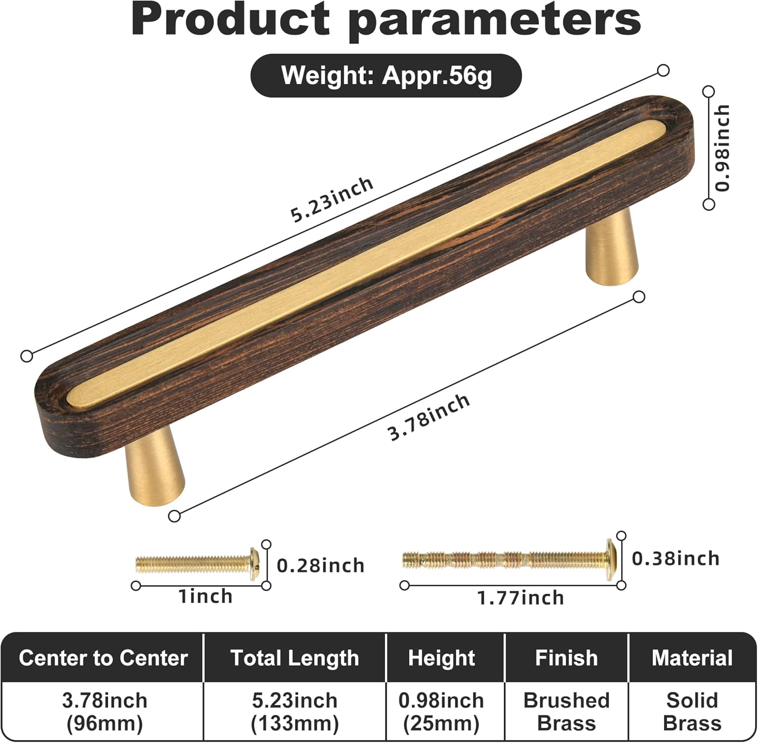 Solid Brass and Wooden Kitchen Cabinet Pulls, 5 Pack 3-3/4 Inch Brass Dresser Drawer Handles, Modern Furniture Hardware Pulls