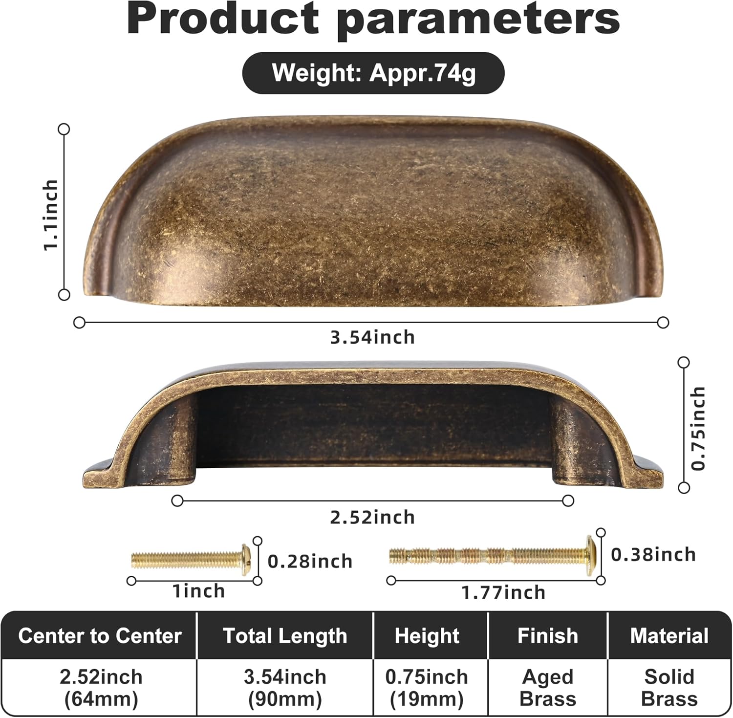 2 Pack Antique Brass Cup Drawer Pulls, 2.5inch Solid Brass Kitchen Cabinet Knobs, Retro Bronze Door Knobs for Dresser Closet Wardrobe and Cupboard