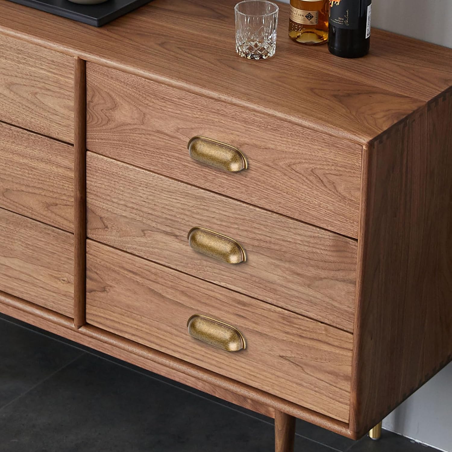 2 Pack Antique Brass Cup Drawer Pulls, 2.5inch Solid Brass Kitchen Cabinet Knobs, Retro Bronze Door Knobs for Dresser Closet Wardrobe and Cupboard