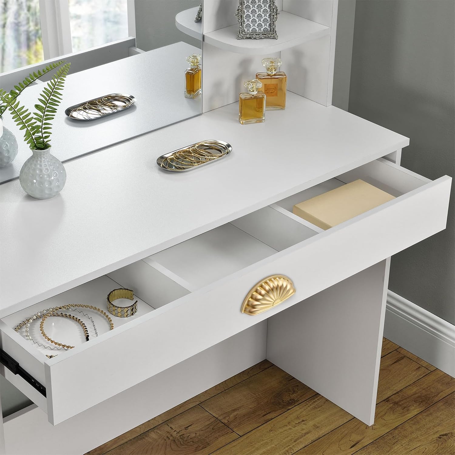 5 Pack Solid Brass Cabinet Cup Pulls, Brushed Gold Dresser Drawer Handles, 3 Inch Modern Furniture Hardware Pulls for Cupboard Wardrobe Closet Bathroom Cabinet