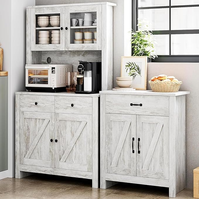 Kitchen Pantry Storage Cabinet with Microwave Stand, Freestanding Hutch Cabinet with Buffet Cupboard, Tall Kitchen Cabinets with Adjustable Shelves for Kitchen, Dining Room