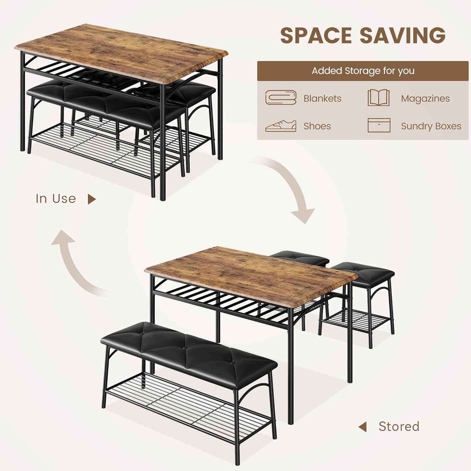 Dining Table Set for 4, Kitchen Table Set with Upholstered Bench and Square Stools, Metal and Wood Dining Room Table Set with Storage Shelves for Small Space, Apartment-Rustic Brown
