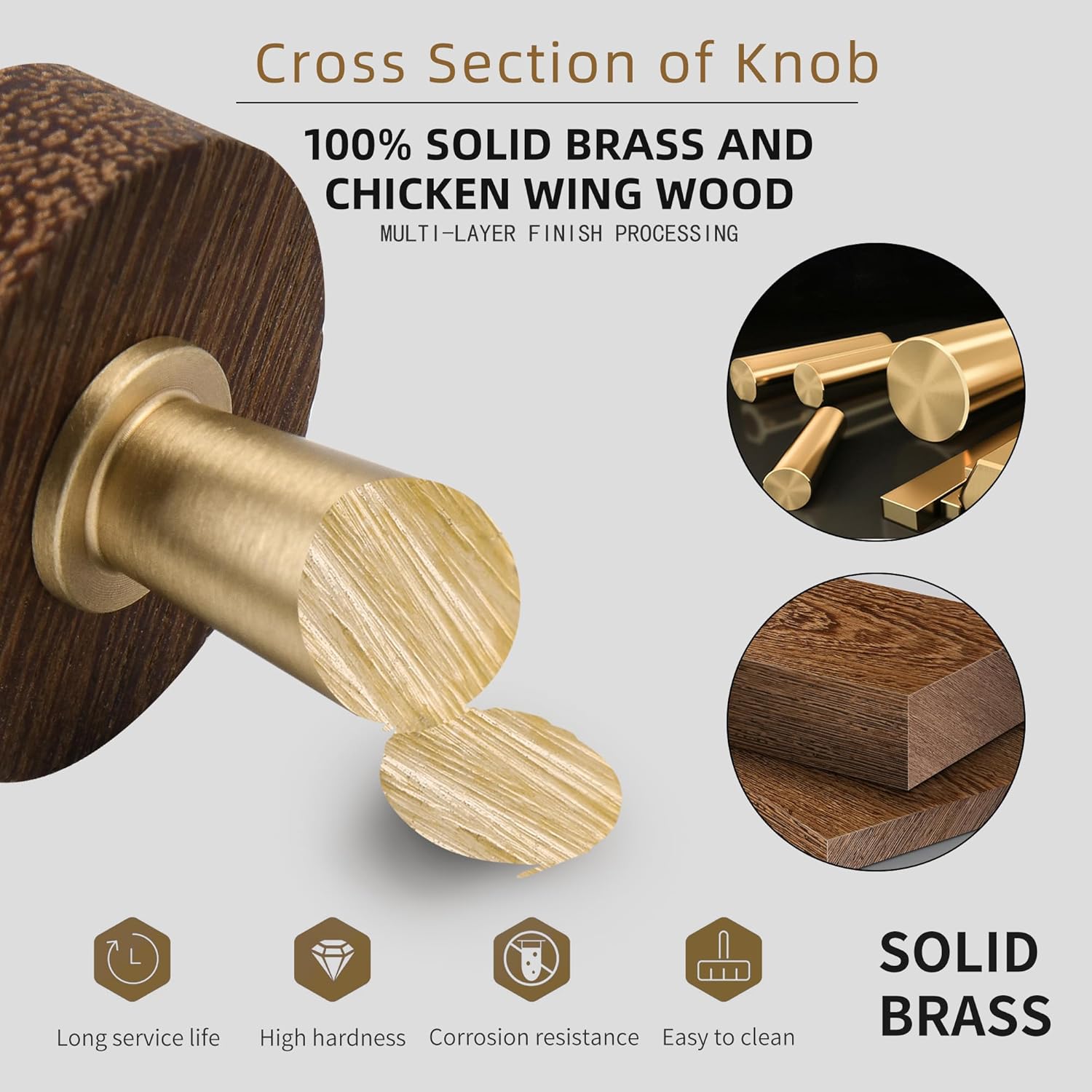 Wooden Brass Cabinet Drawer Knobs 5 Pack, 1.1 Inch Dresser Drawer Vanity Pulls, Modern Furniture Door Hardware Pulls for Cupboard Closet Wardrobe