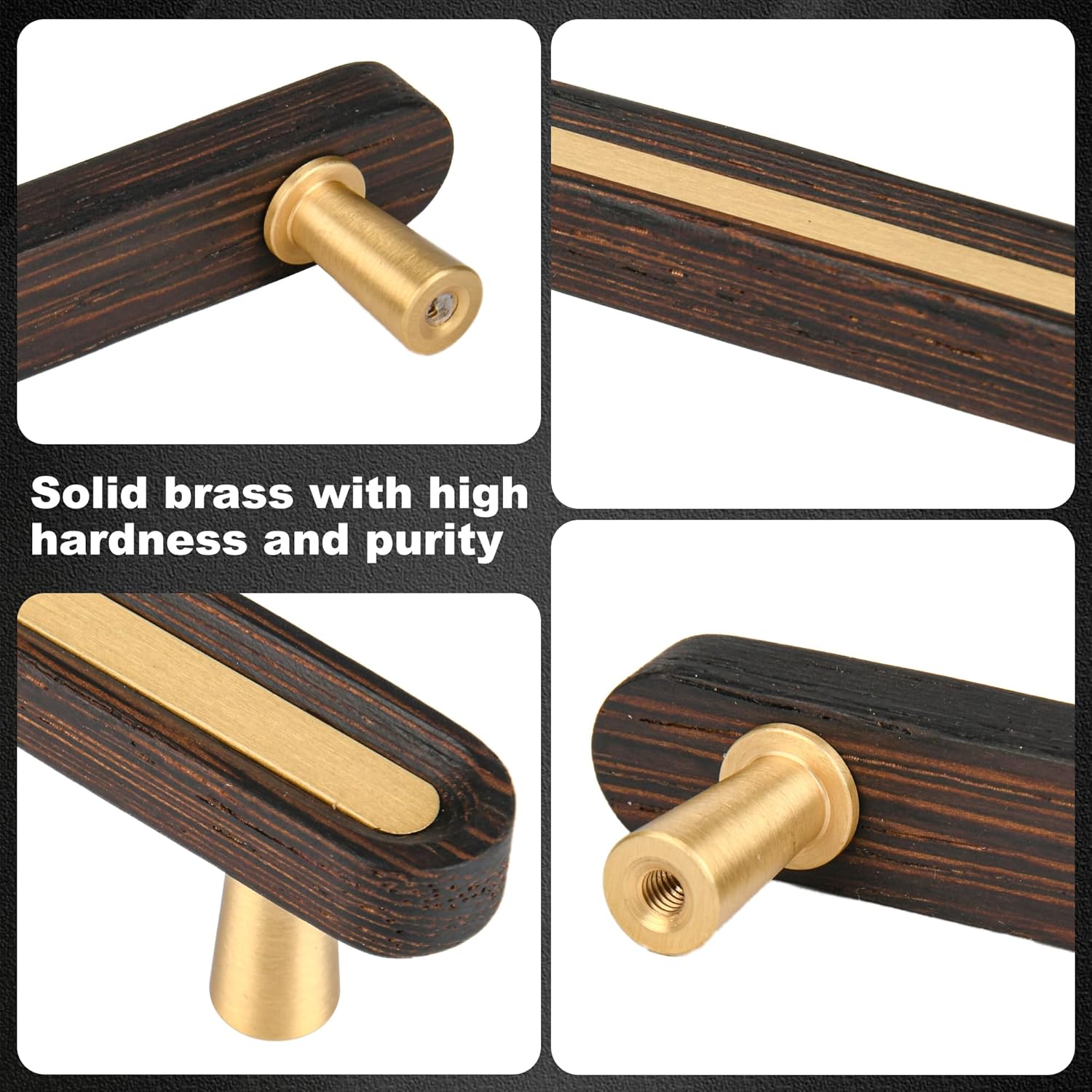 Solid Brass and Wooden Kitchen Cabinet Pulls, 5 Pack 3-3/4 Inch Brass Dresser Drawer Handles, Modern Furniture Hardware Pulls