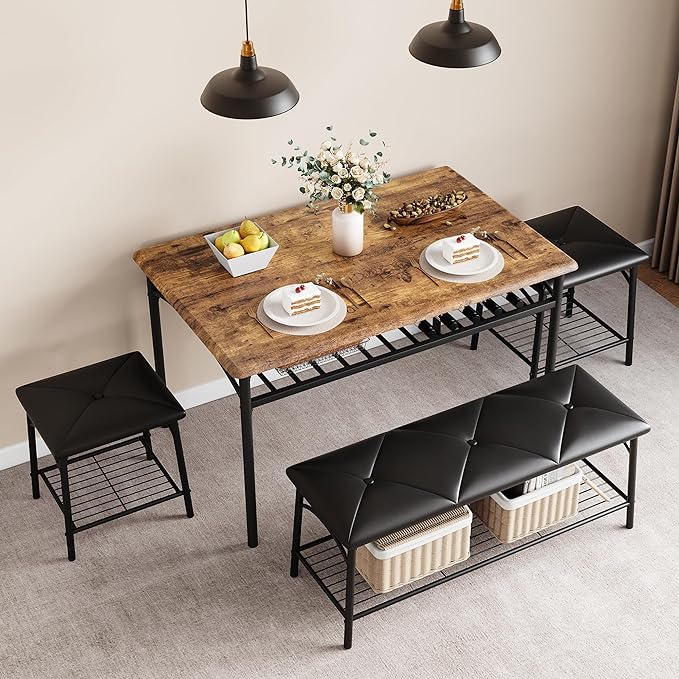 Dining Table Set for 4, Kitchen Table Set with Upholstered Bench and Square Stools, Metal and Wood Dining Room Table Set with Storage Shelves for Small Space, Apartment-Rustic Brown
