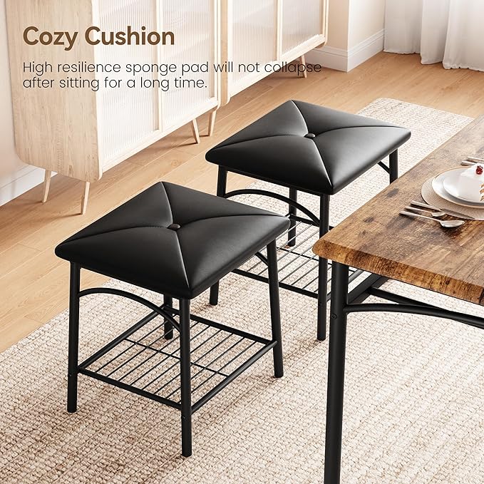 Dining Table Set for 4, Kitchen Table Set with Upholstered Bench and Square Stools, Metal and Wood Dining Room Table Set with Storage Shelves for Small Space, Apartment-Rustic Brown