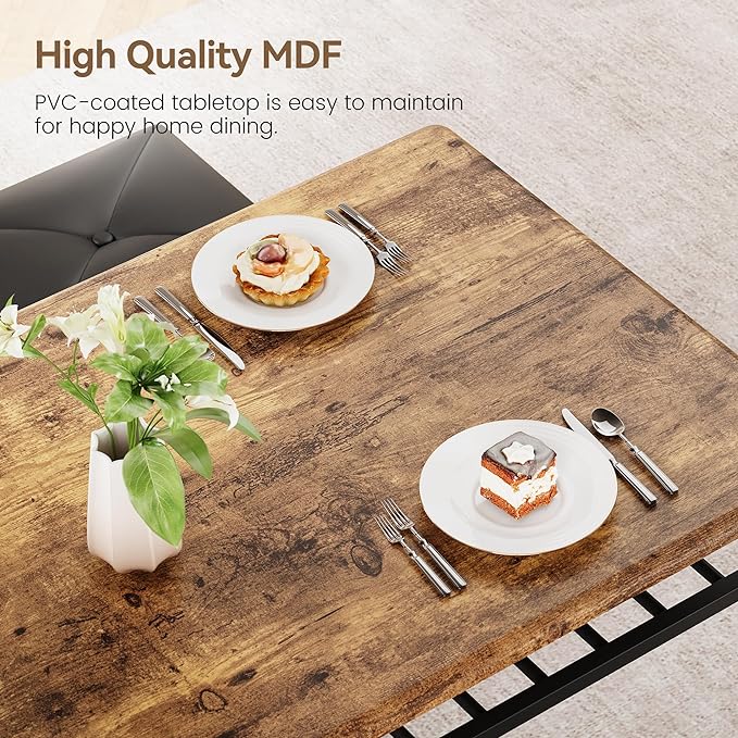 Dining Table Set for 4, Kitchen Table Set with Upholstered Bench and Square Stools, Metal and Wood Dining Room Table Set with Storage Shelves for Small Space, Apartment-Rustic Brown