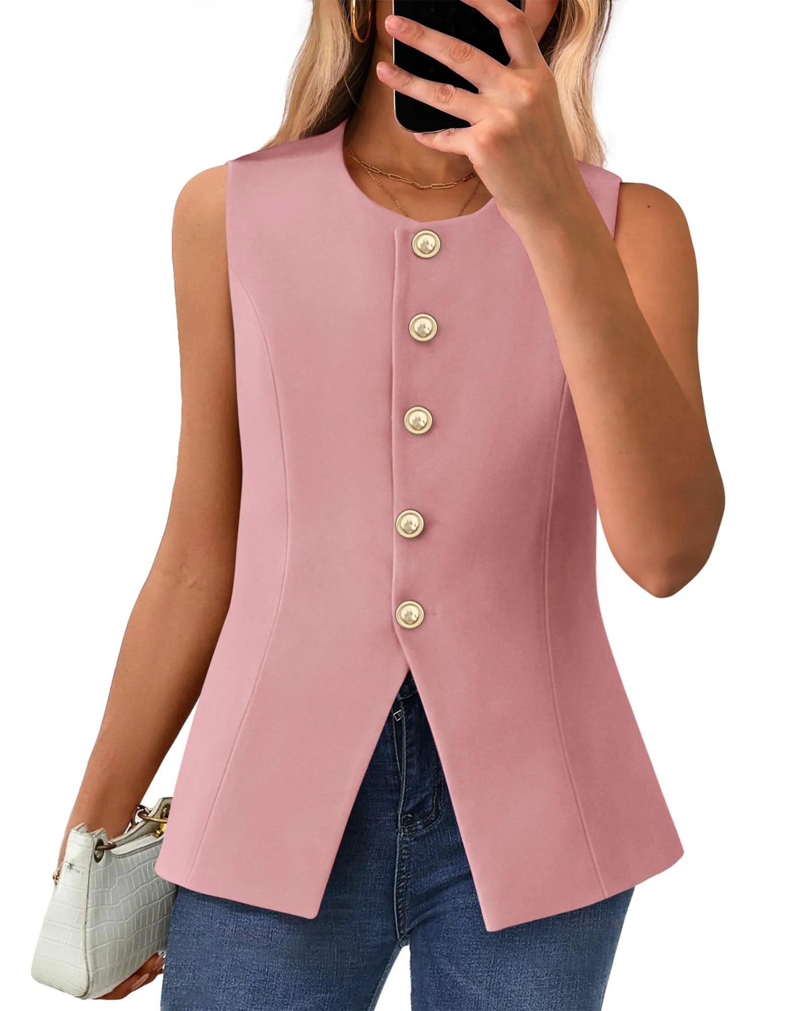 Women's Dressy Button Down Round Neck Sleeveless Blazer Vest(buy 2 free shipping)