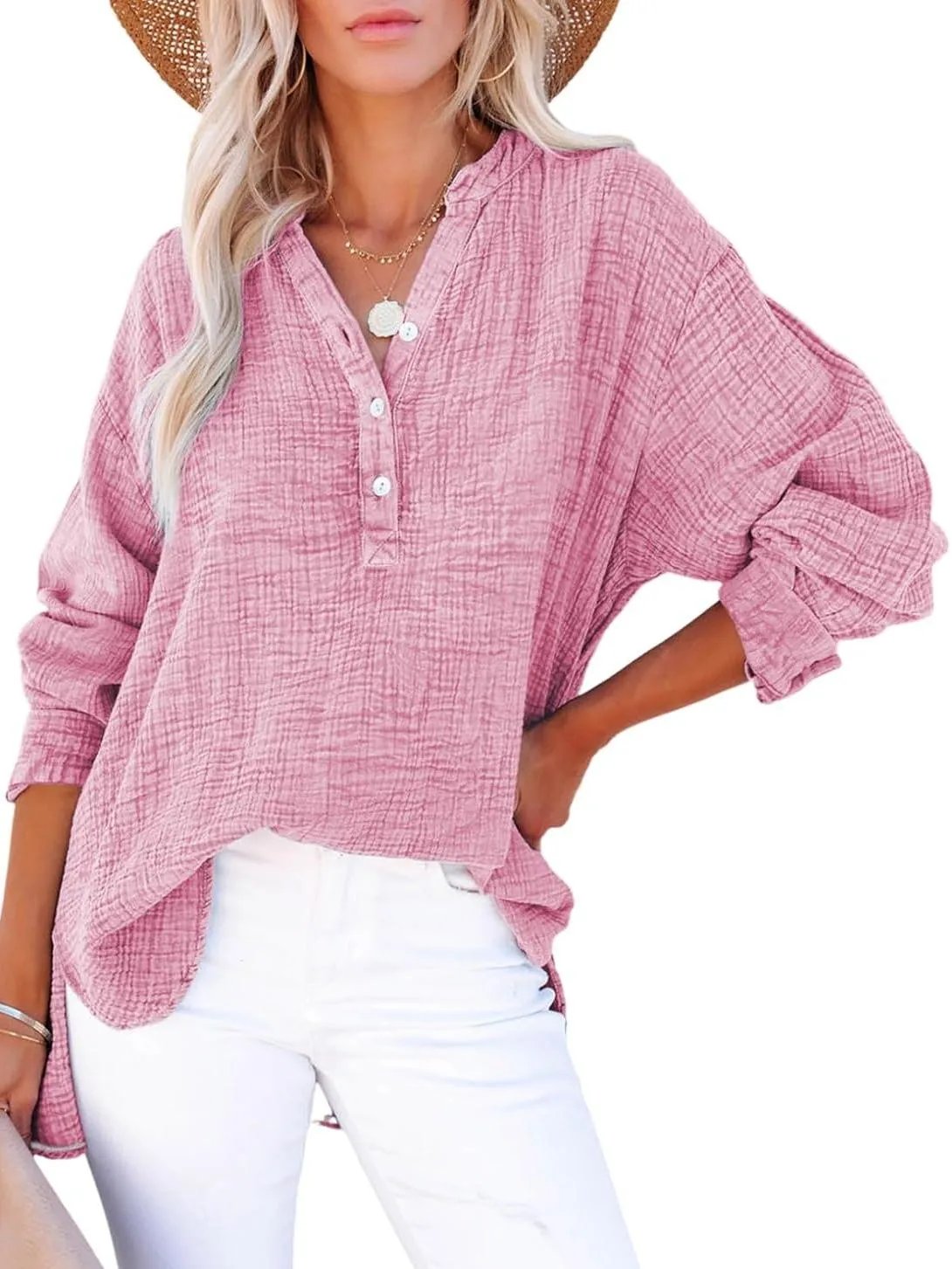 Womens Casual Button V Neck Long Sleeve Shirts Oversized Solid Blouses Tops