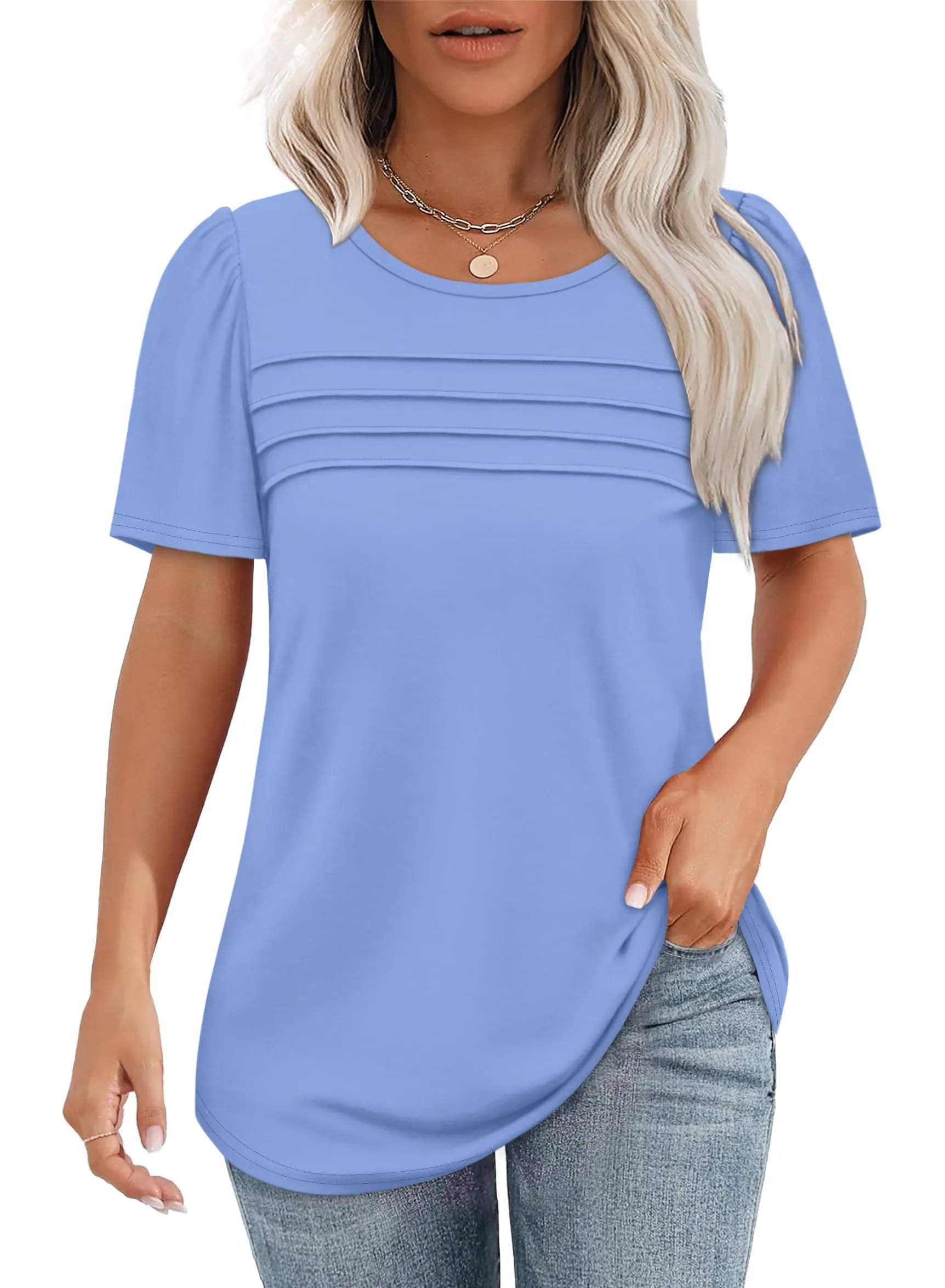 ⏰Hot Sale-Women's Short Sleeve Pleated Front Scooped Neck Tops