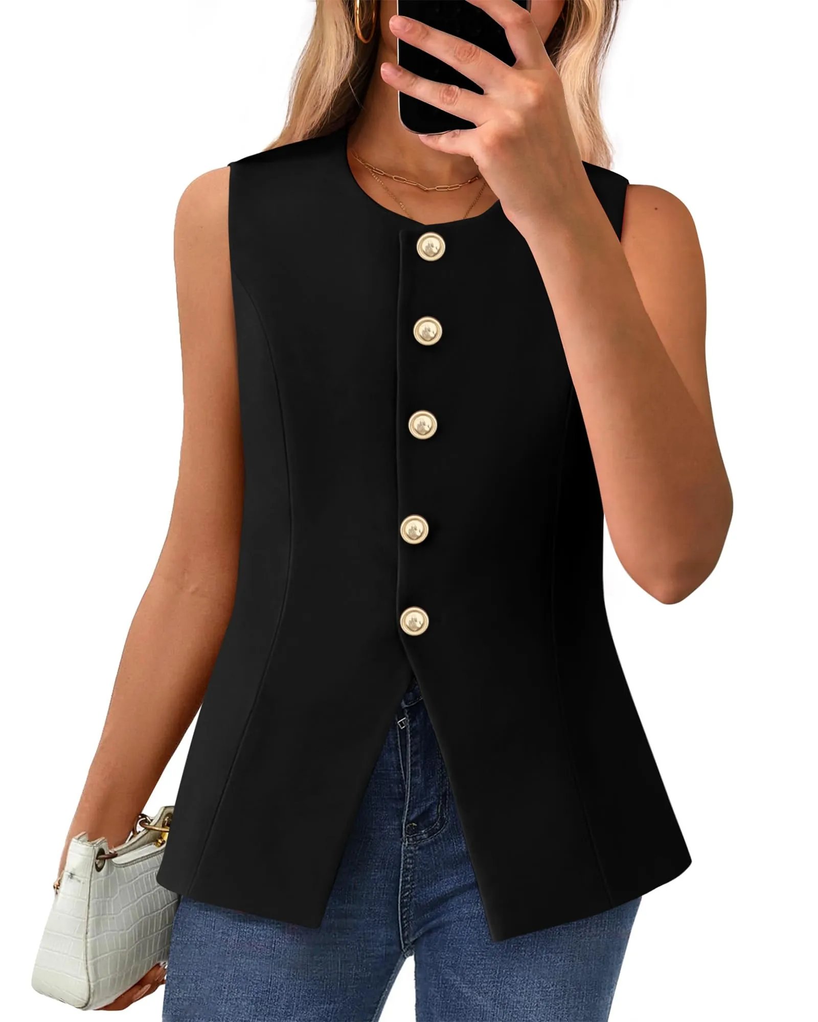 Women's Dressy Button Down Round Neck Sleeveless Blazer Vest(buy 2 free shipping)