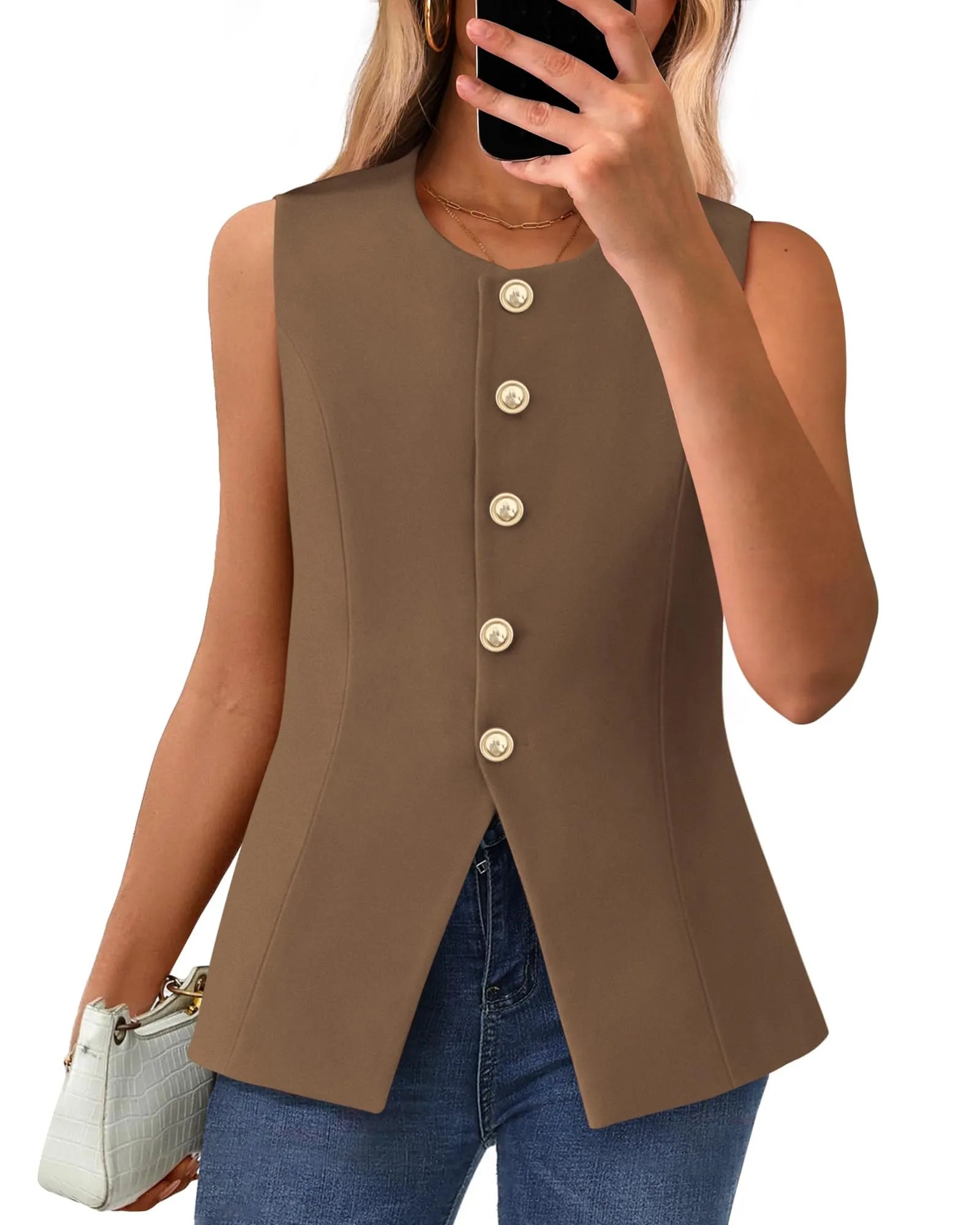 Women's Dressy Button Down Round Neck Sleeveless Blazer Vest(buy 2 free shipping)