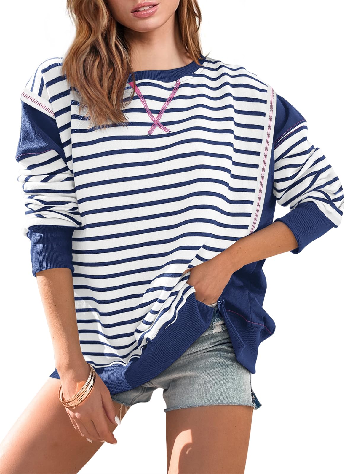 2024 Striped Color Block Oversized Sweatshirt(Buy 2 Free Shipping)