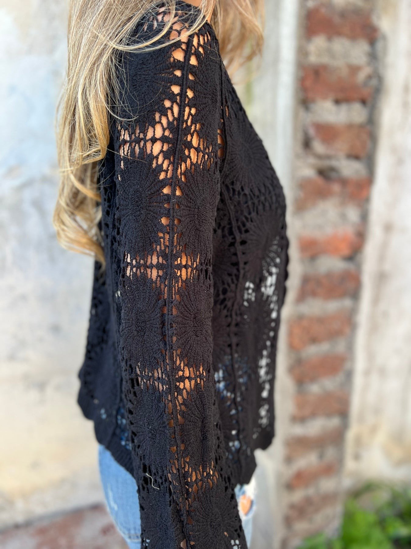 Cutout Embroidered V-Neck Button Long Sleeve Top