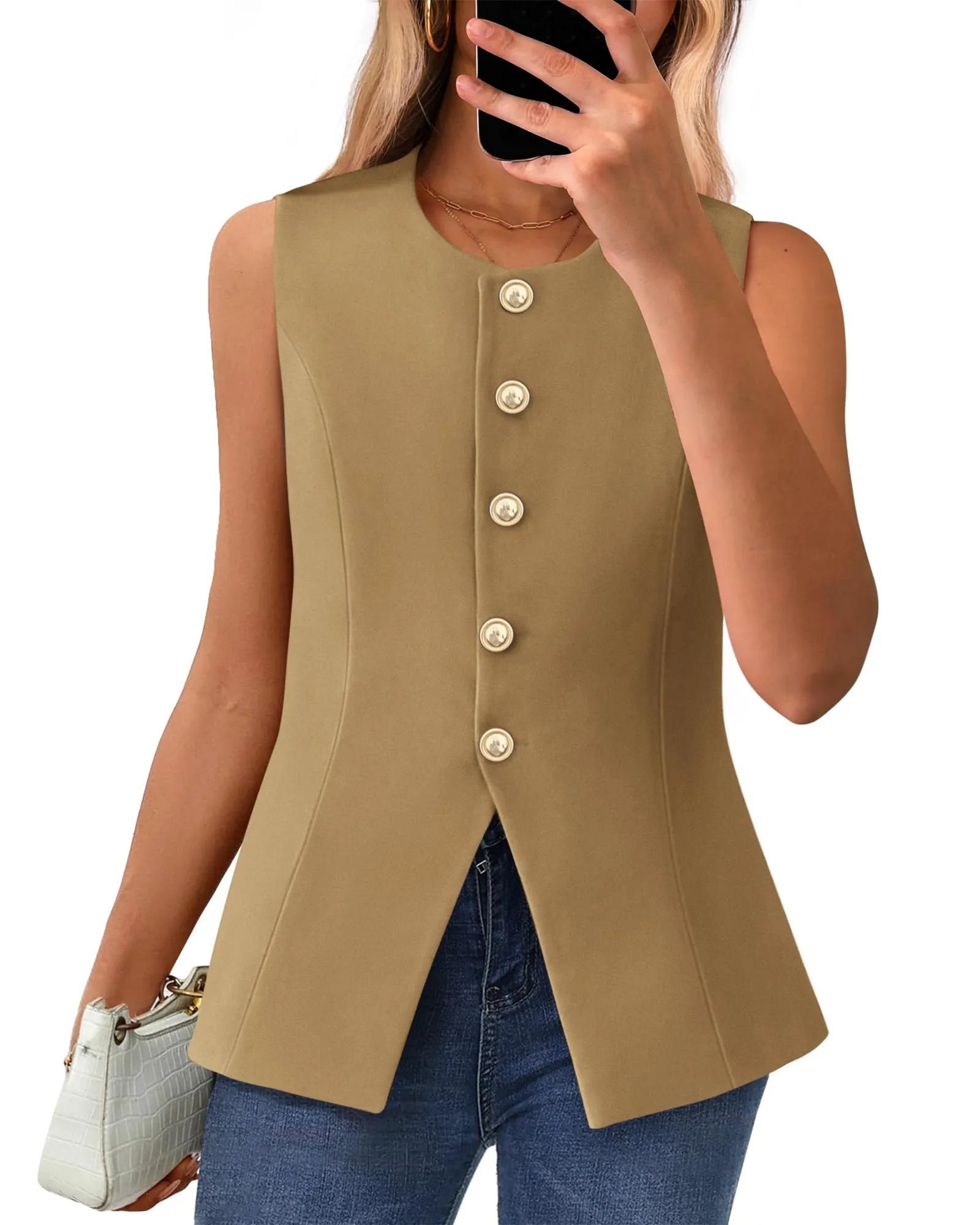 Women's Dressy Button Down Round Neck Sleeveless Blazer Vest(buy 2 free shipping)