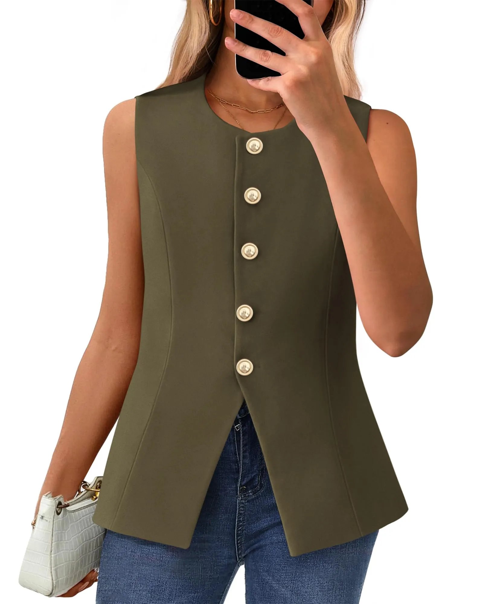 Women's Dressy Button Down Round Neck Sleeveless Blazer Vest(buy 2 free shipping)