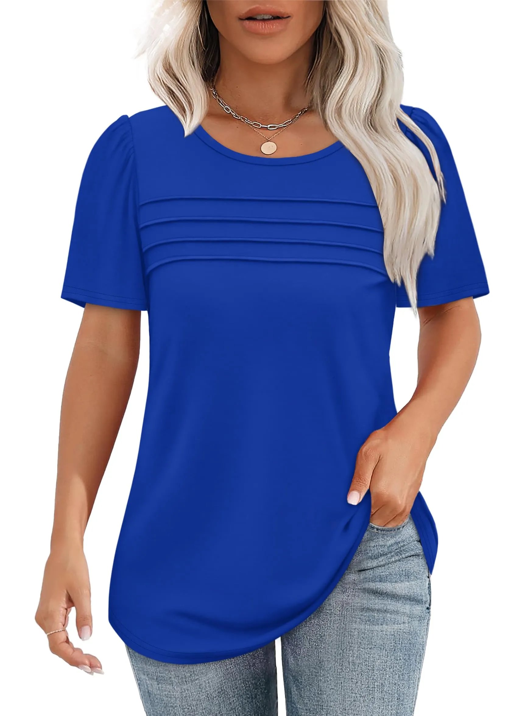 ⏰Hot Sale-Women's Short Sleeve Pleated Front Scooped Neck Tops