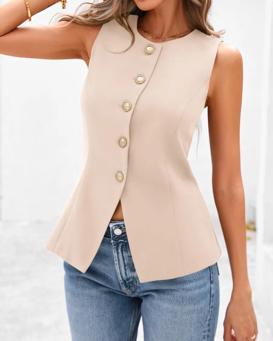 Women's Dressy Button Down Round Neck Sleeveless Blazer Vest(buy 2 free shipping)