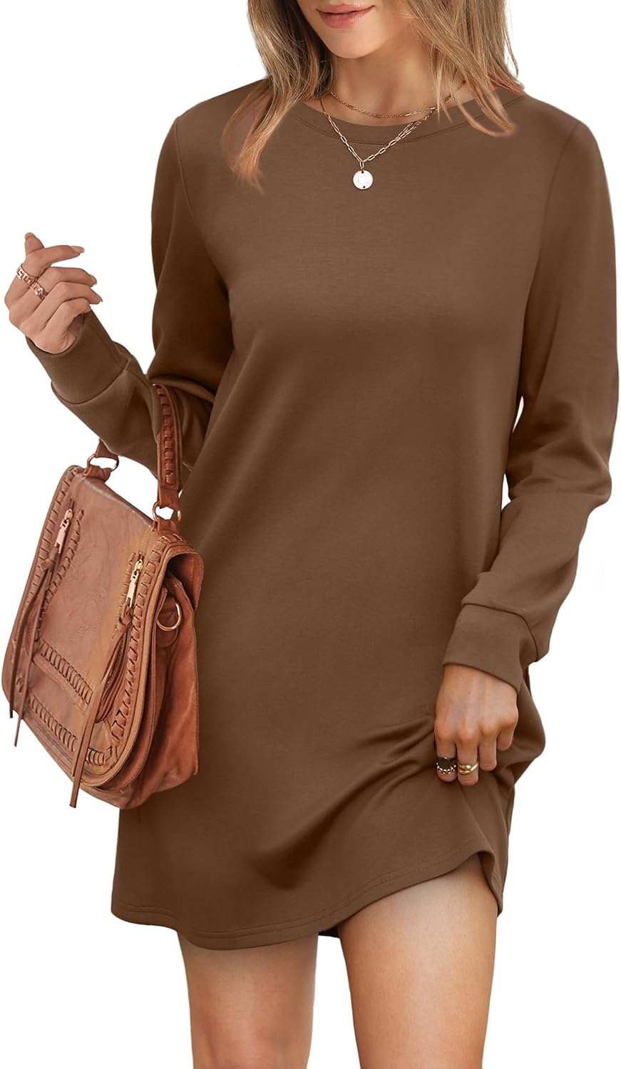 Women's Long Sleeve Casual Loose Crewneck Dress with Pockets