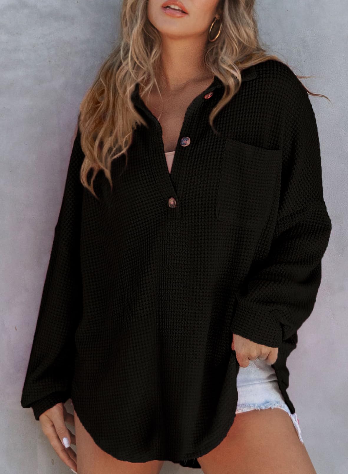 Limited time sale 🔥Women's Waffle Knit Henley Button Shirt Jacket(50% OFF!!)
