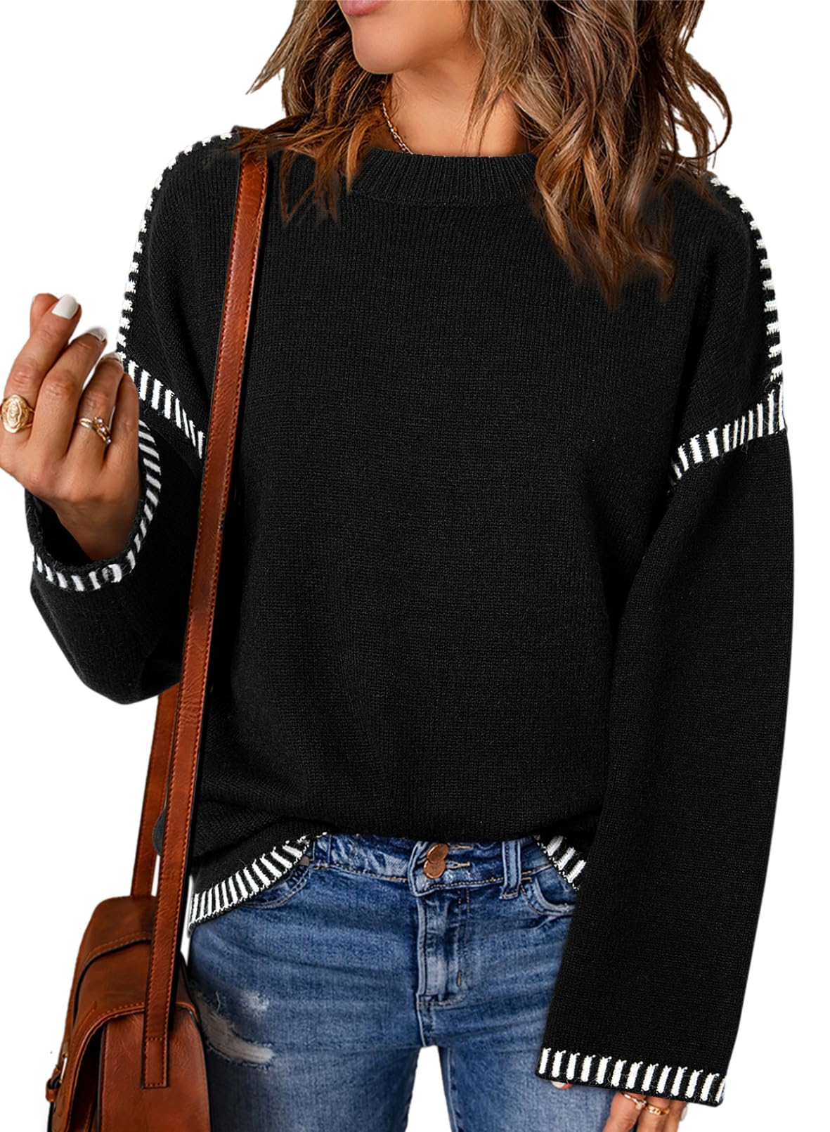 Women's Crewneck Loose Fit Contrast Cable Knit Pullover Sweater
