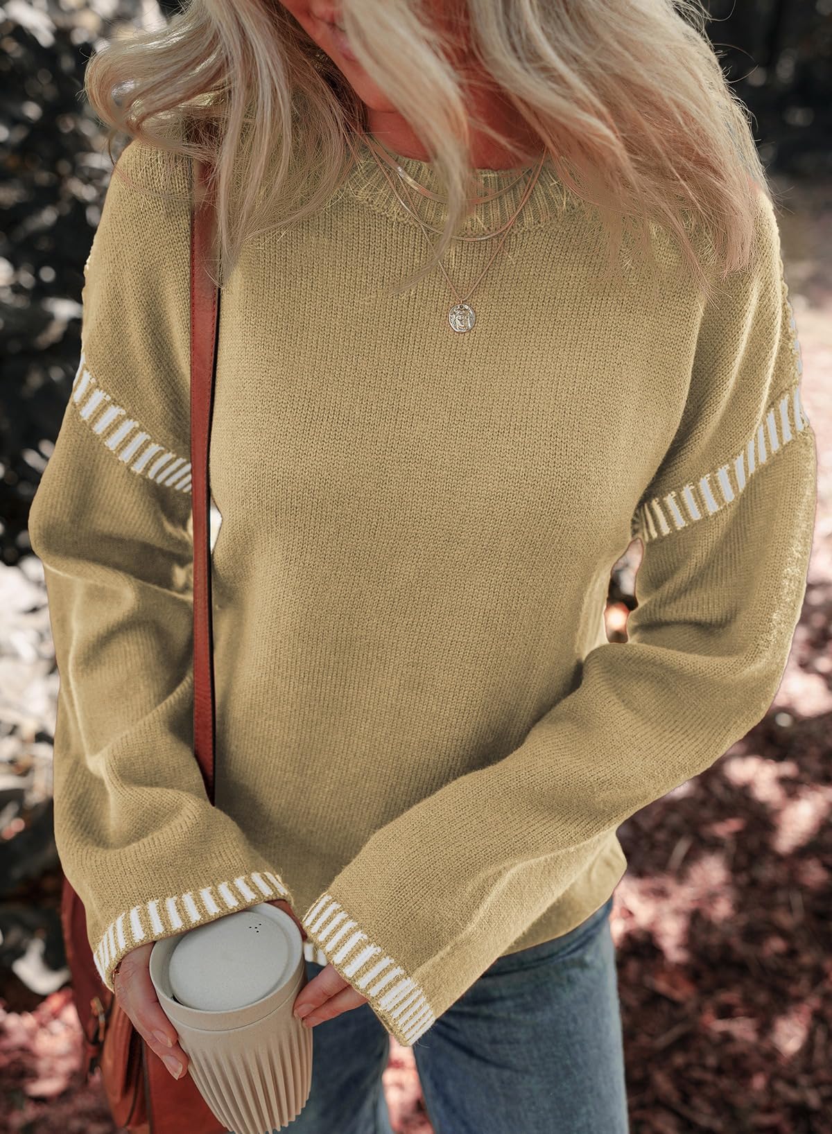 Women's Crewneck Loose Fit Contrast Cable Knit Pullover Sweater
