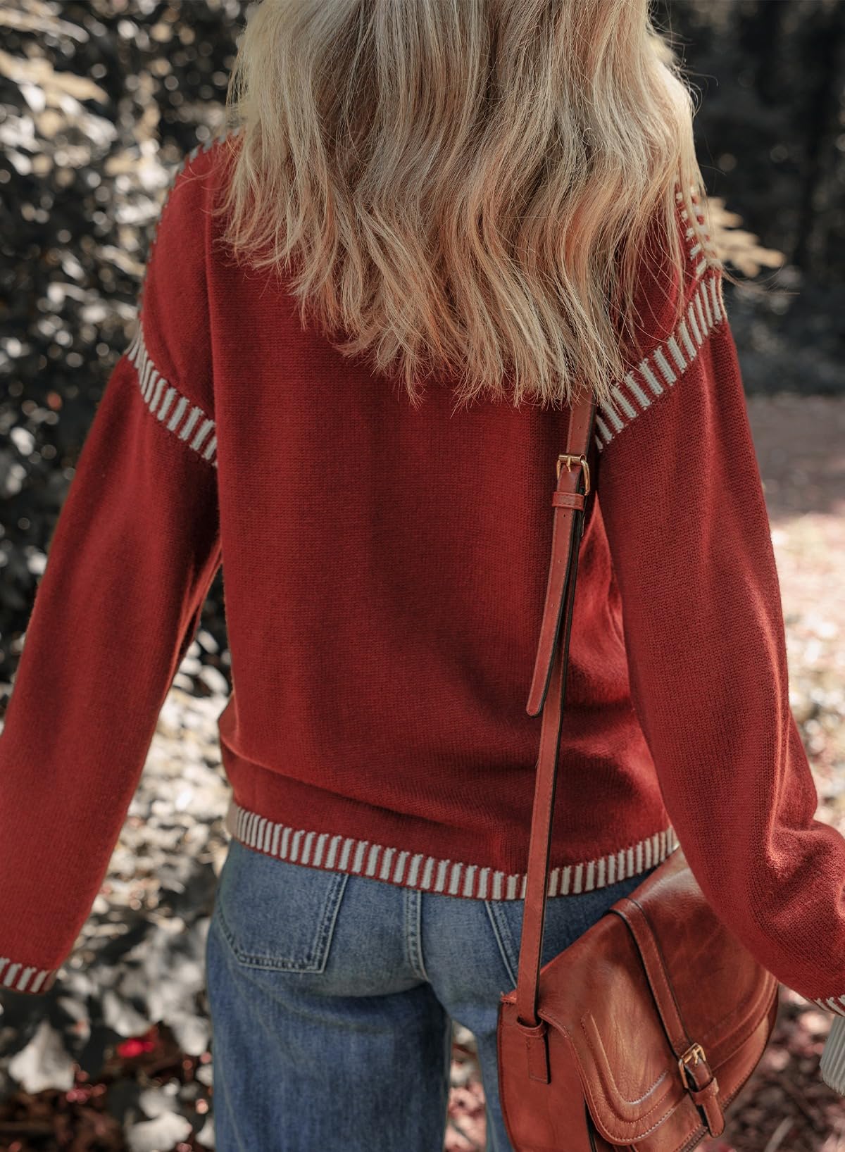 Women's Crewneck Loose Fit Contrast Cable Knit Pullover Sweater