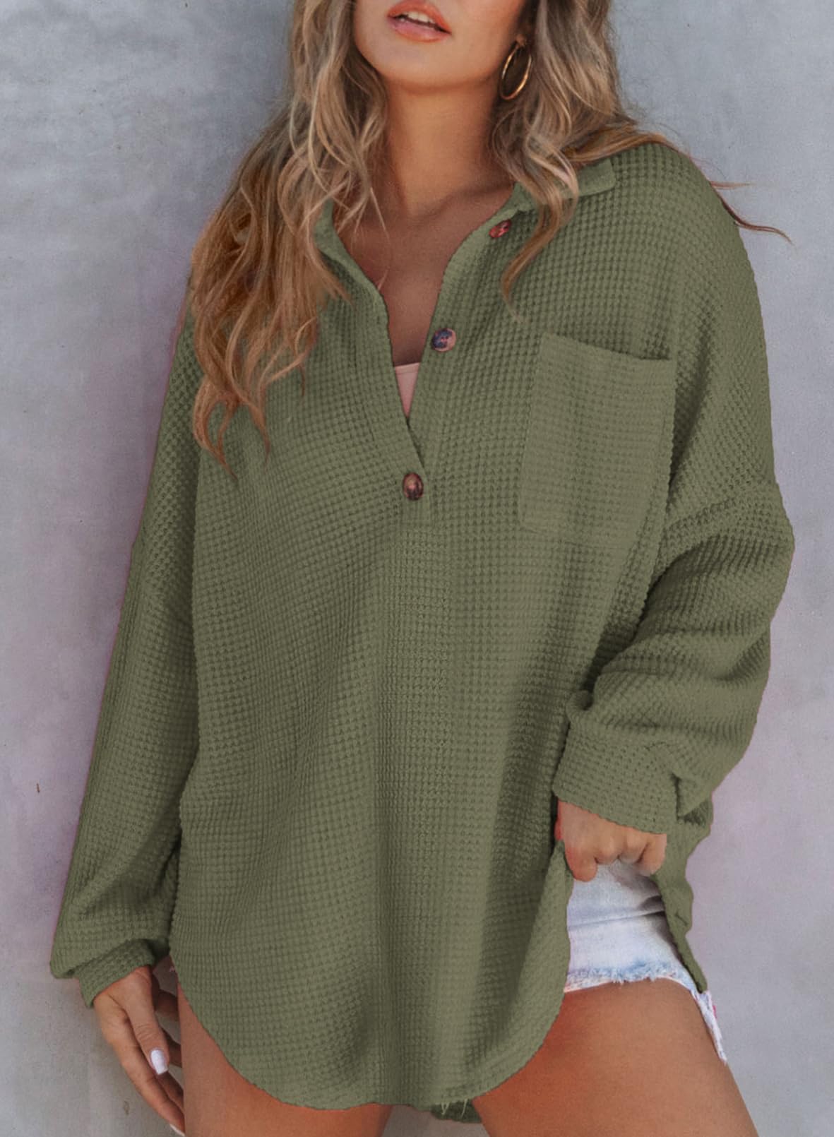 Limited time sale 🔥Women's Waffle Knit Henley Button Shirt Jacket(50% OFF!!)
