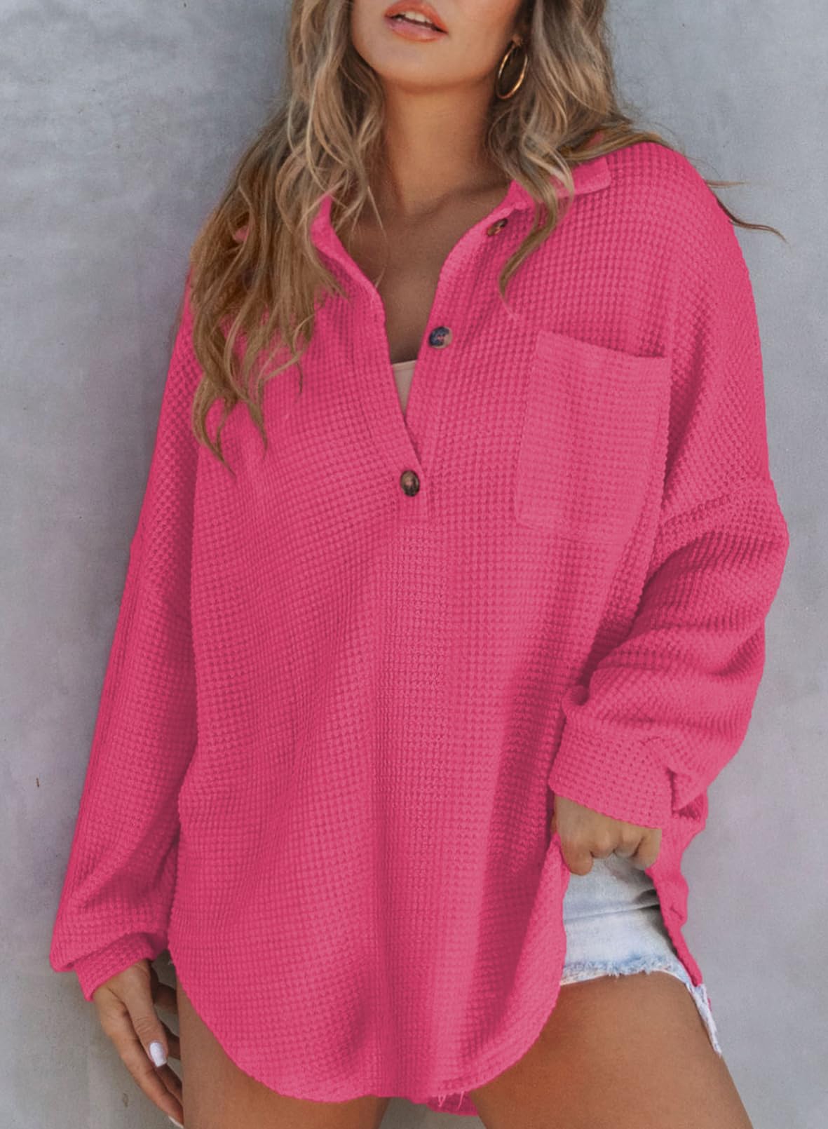 Limited time sale 🔥Women's Waffle Knit Henley Button Shirt Jacket(50% OFF!!)