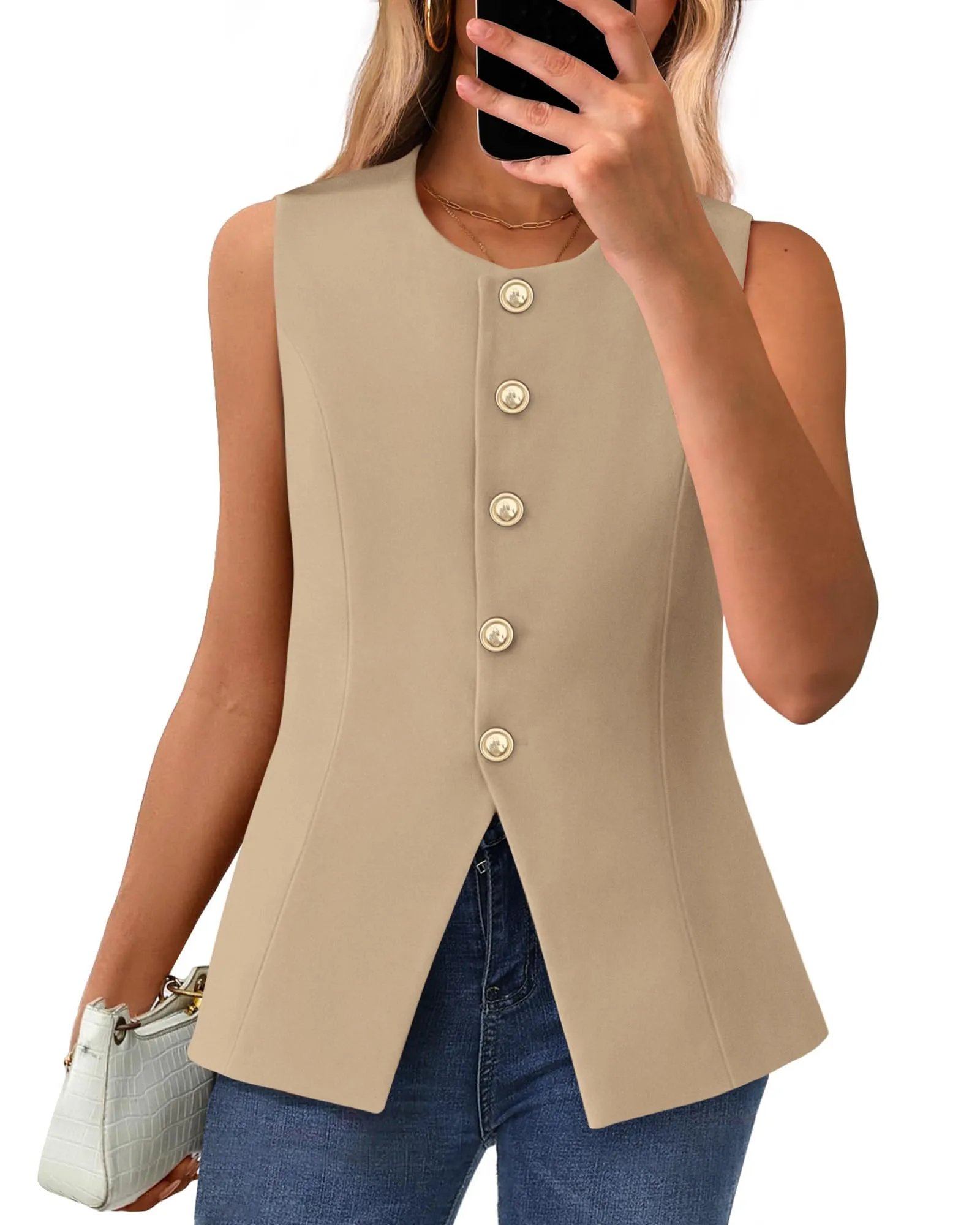 Women's Dressy Button Down Round Neck Sleeveless Blazer Vest(buy 2 free shipping)