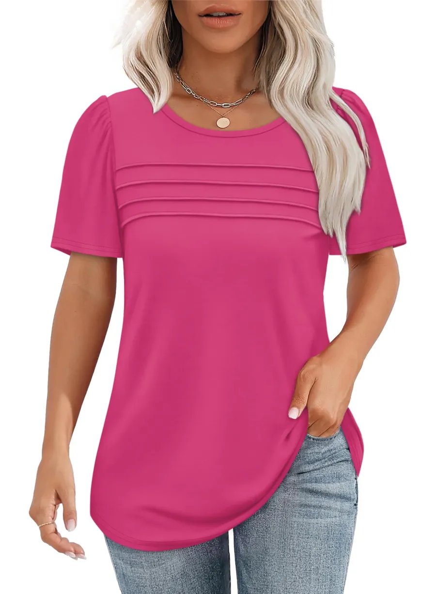 ⏰Hot Sale-Women's Short Sleeve Pleated Front Scooped Neck Tops