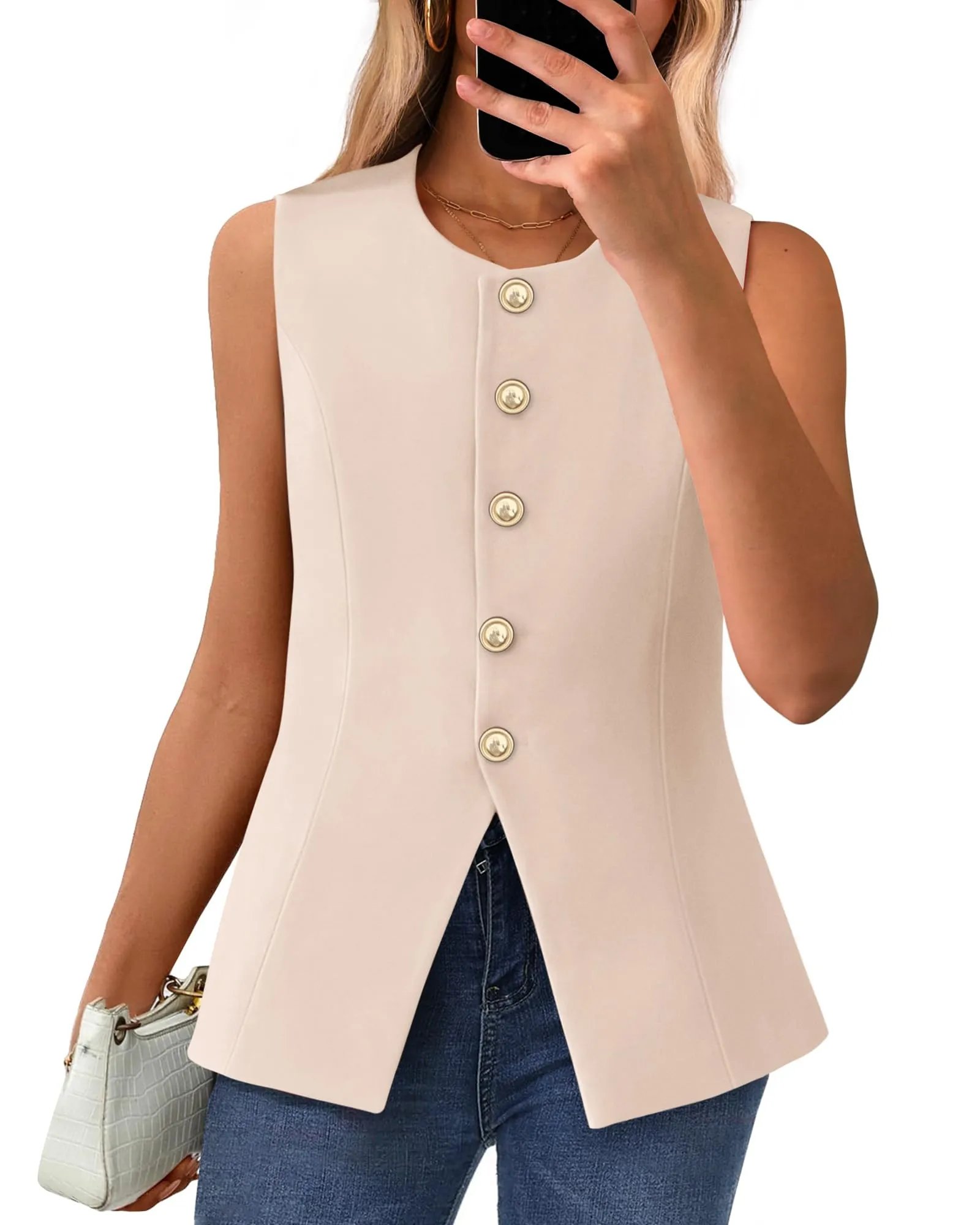 Women's Dressy Button Down Round Neck Sleeveless Blazer Vest(buy 2 free shipping)