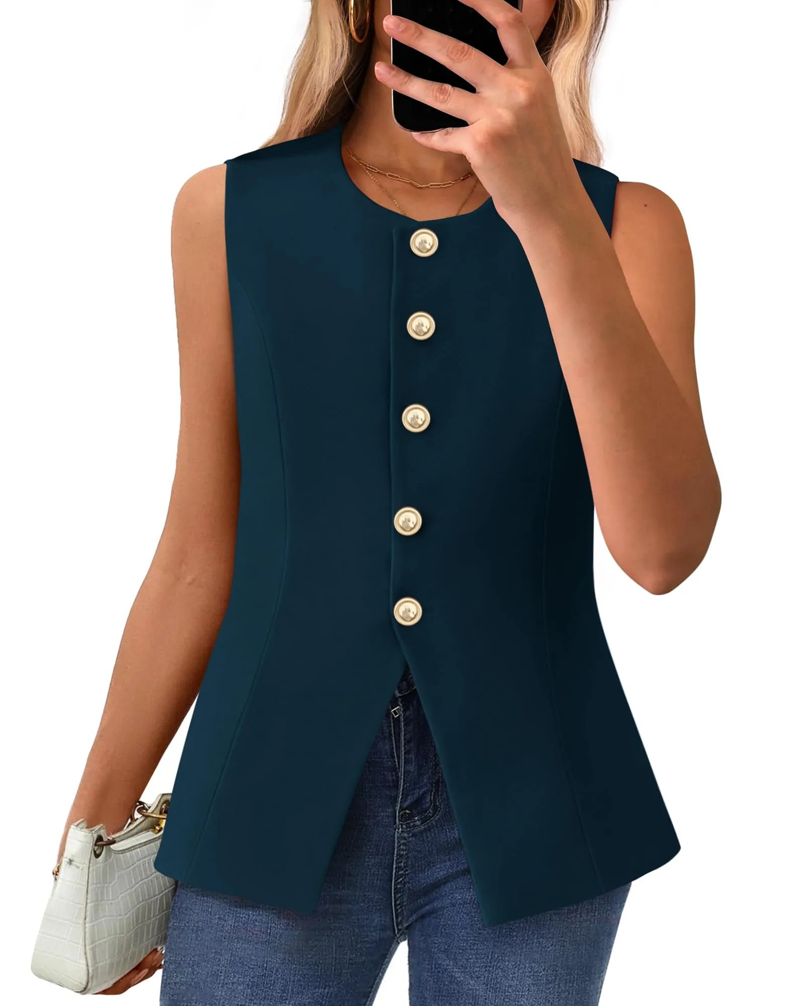 Women's Dressy Button Down Round Neck Sleeveless Blazer Vest(buy 2 free shipping)