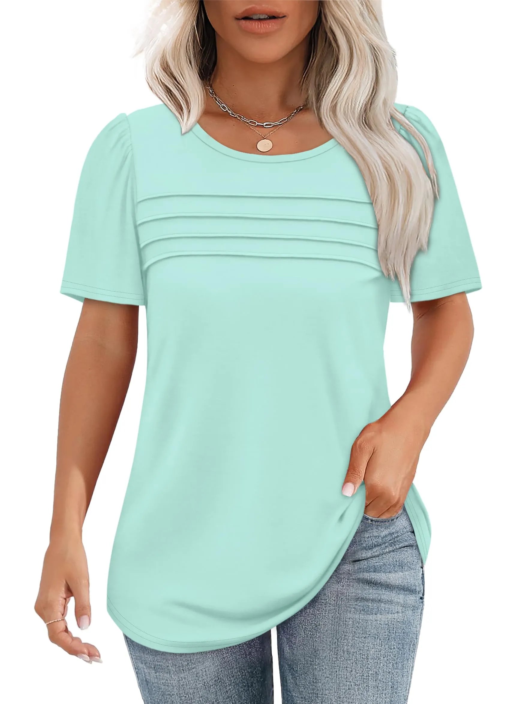 ⏰Hot Sale-Women's Short Sleeve Pleated Front Scooped Neck Tops