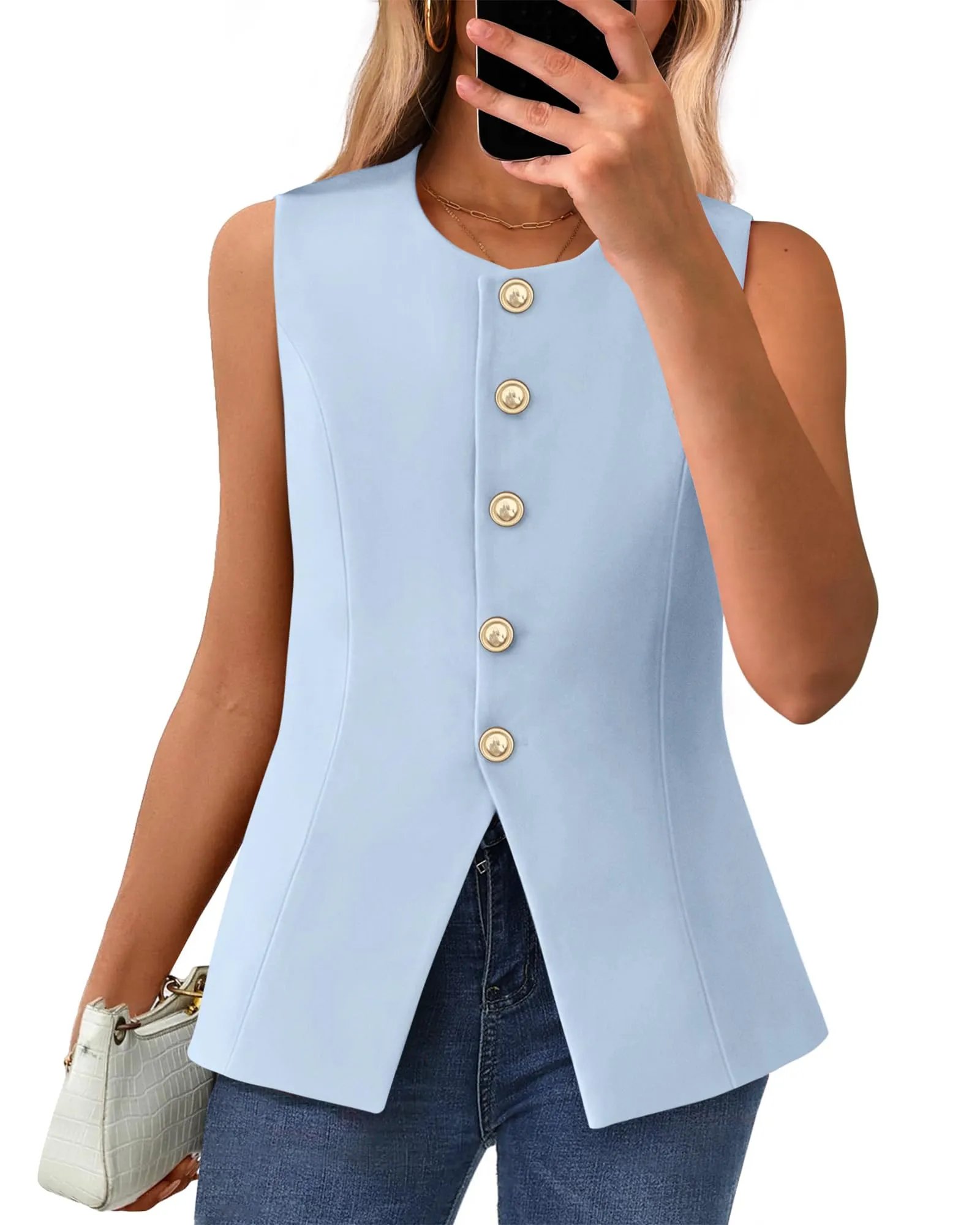 Women's Dressy Button Down Round Neck Sleeveless Blazer Vest(buy 2 free shipping)