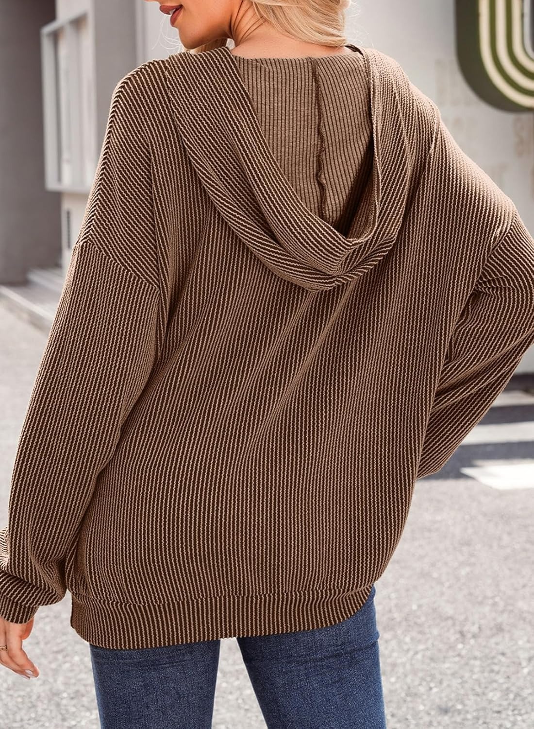 ⏰Hot Sale-Women's Casual Loose Long Sleeve Ribbed Knit Hoodie(Buy 2 Free Shipping)