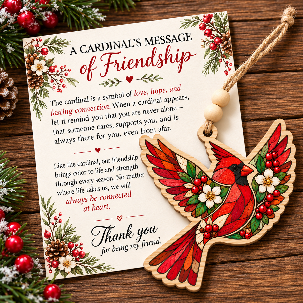 Friendship Cardinal Wooden Ornament 🐦
