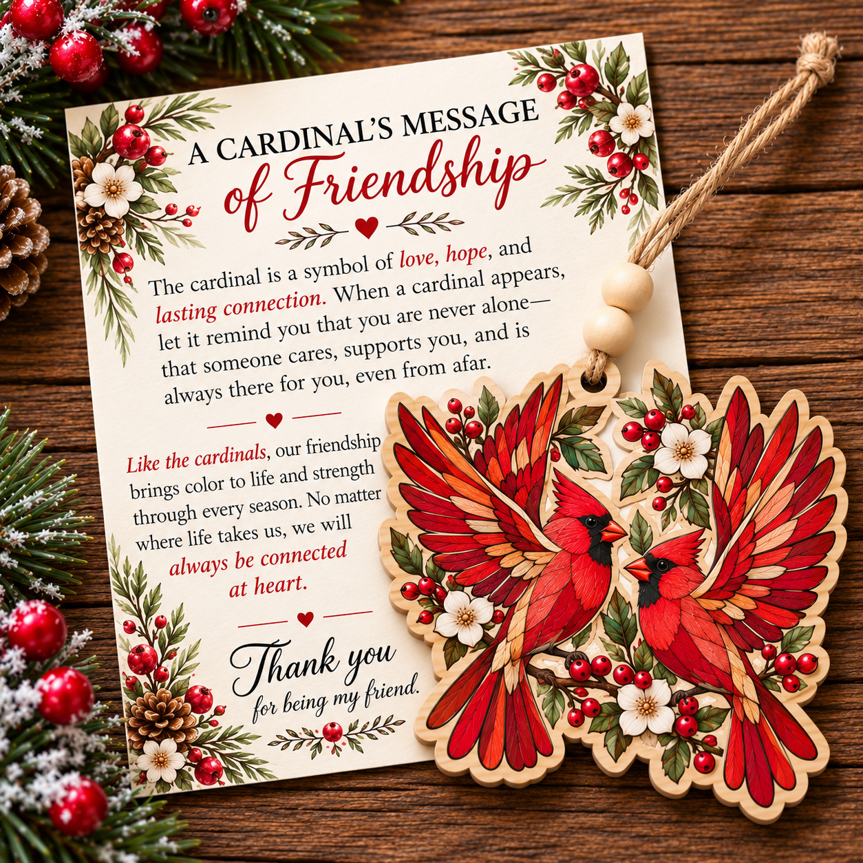 Friendship Cardinal Pair Wooden Ornament 🐦