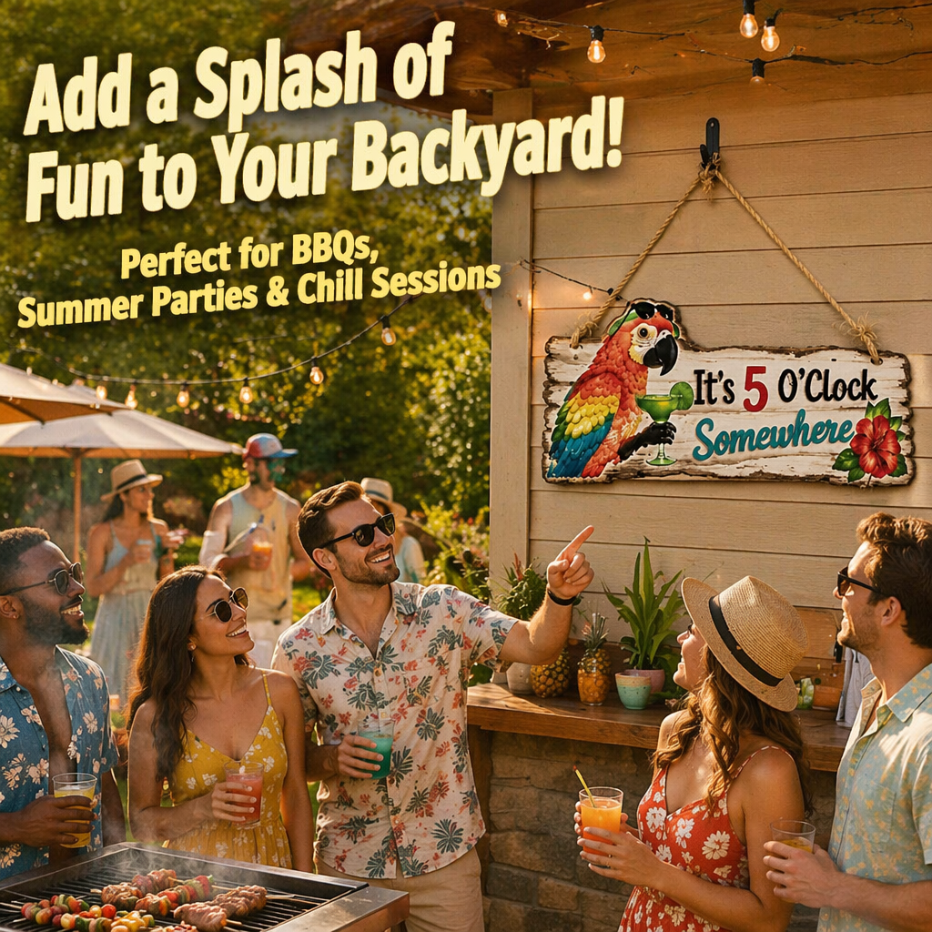 It's 5 O'Clock Somewhere Parrot wall art 🦜– Tropical Patio Wall Deco🍹