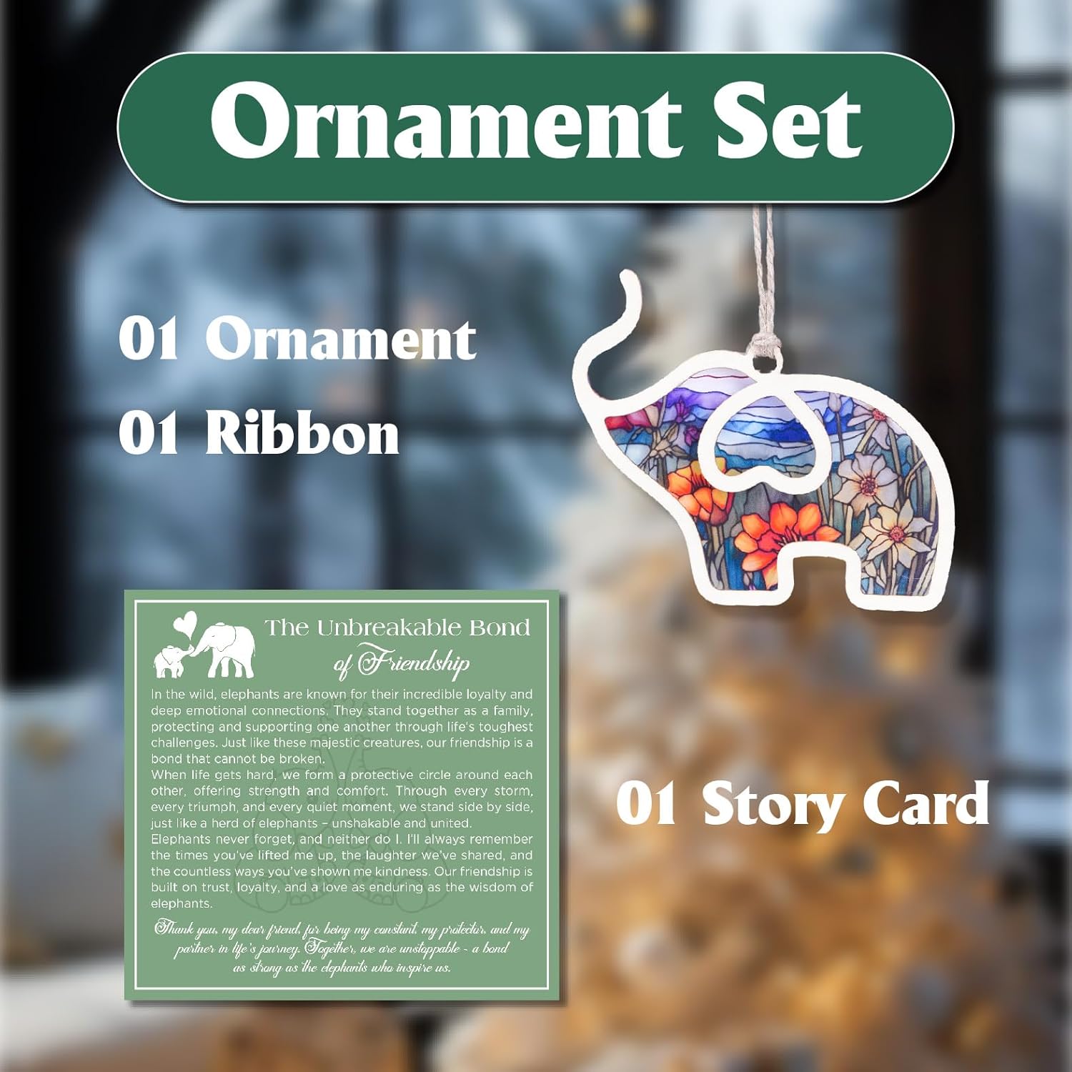 Elephant Friendship Ornament with Story Card - Suncatcher Friendship Gifts