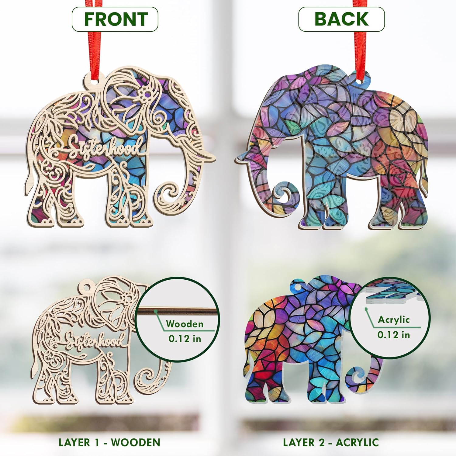 Thank You Elephant Friendship - Suncatcher Ornaments Sisterhood with Card 