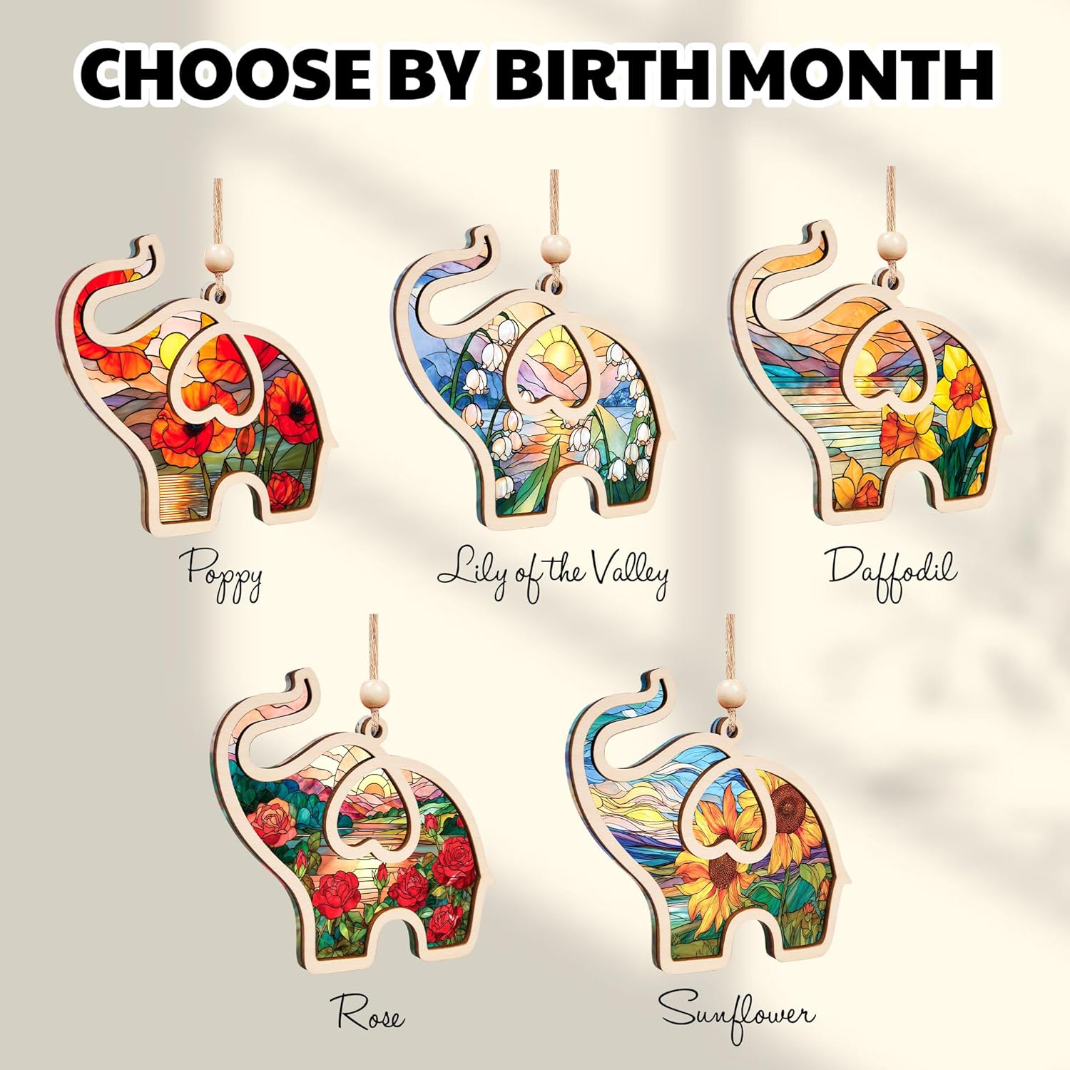 Birth Month Flower Sisterhood Elephant Ornament with Story Card 