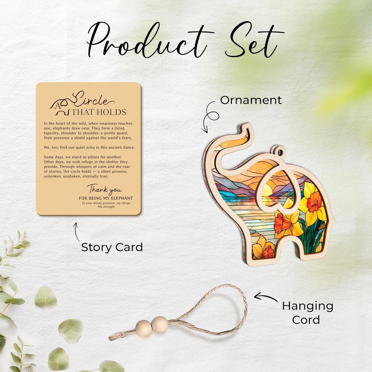 Birth Month Flower Sisterhood Elephant Ornament with Story Card 