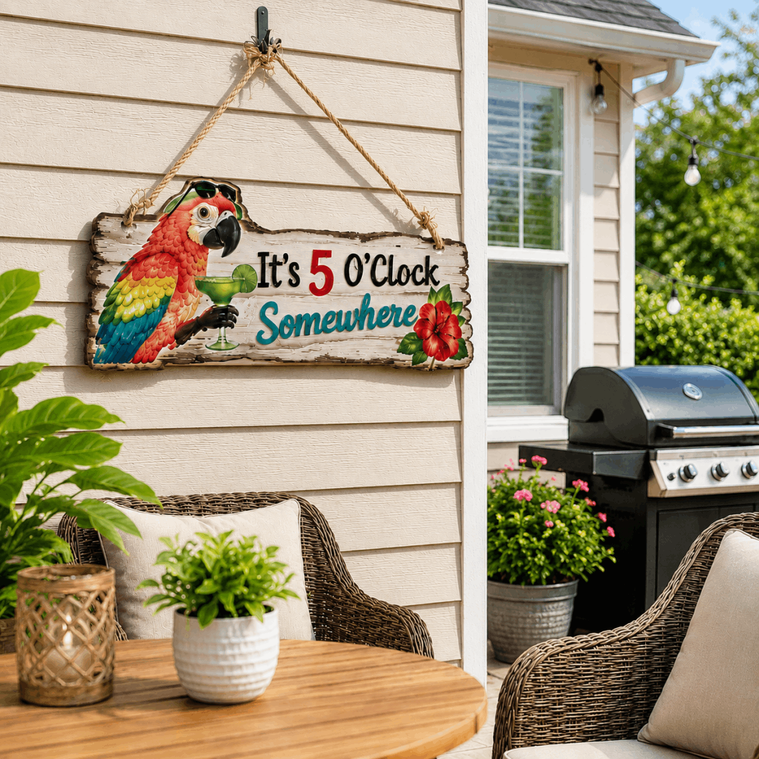 It's 5 O'Clock Somewhere Parrot wall art 🦜– Tropical Patio Wall Deco🍹