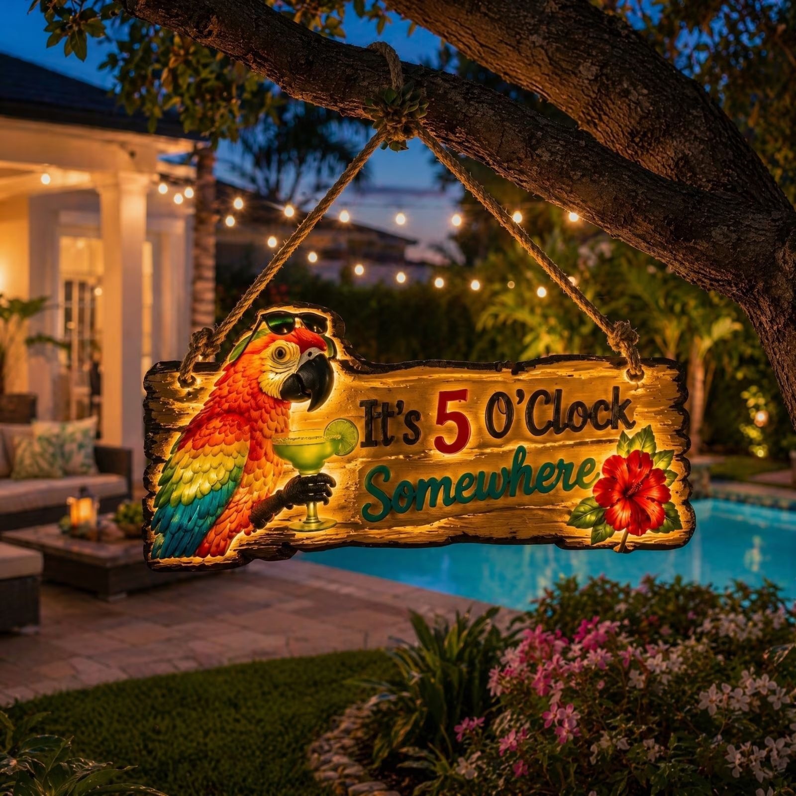 It's 5 O'Clock Somewhere Parrot wall art 🦜– Tropical Patio Wall Deco🍹